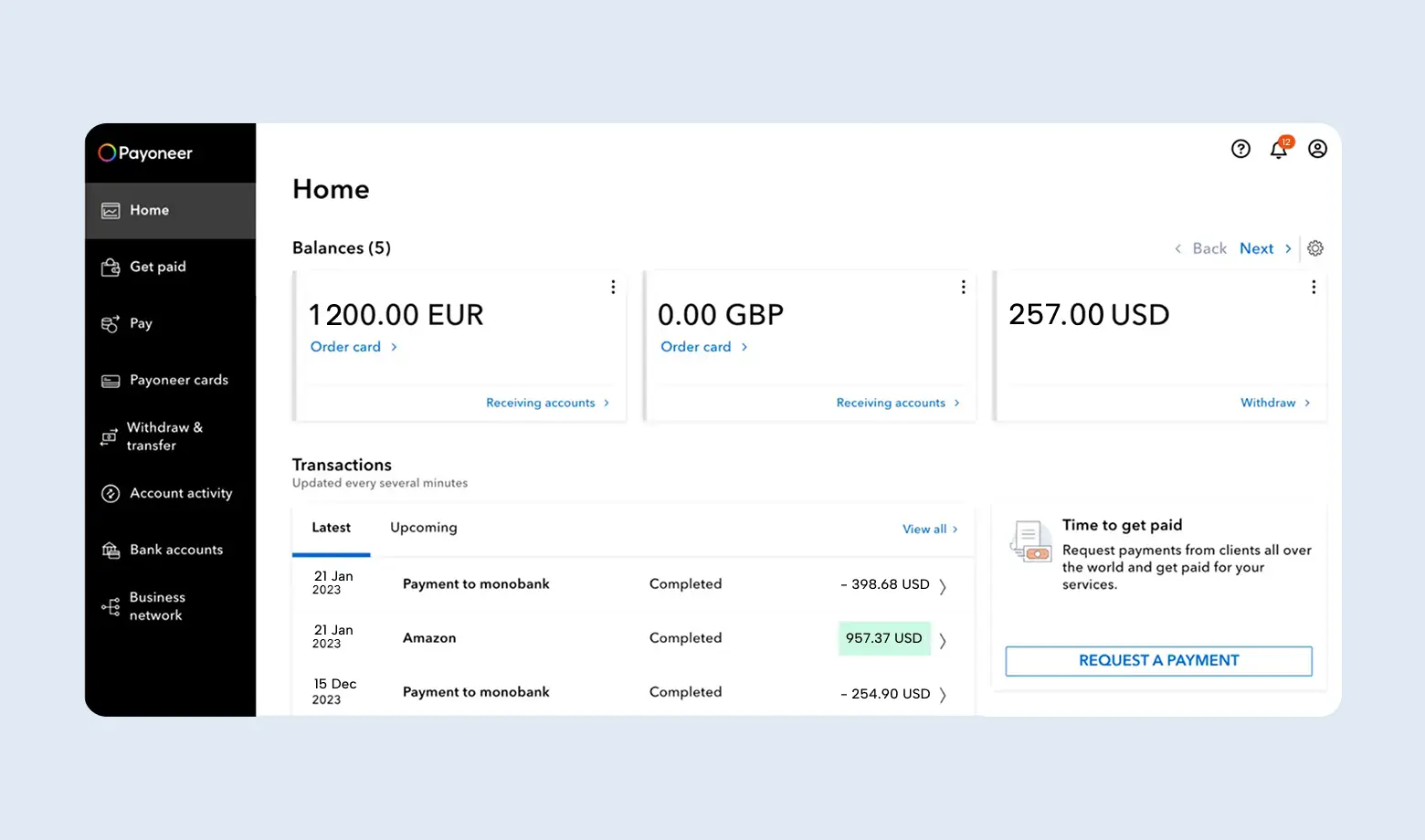 Panel użytkownika Payoneer - saldo i wypłata pieniędzy z Payoneer do banku w Ukrainie