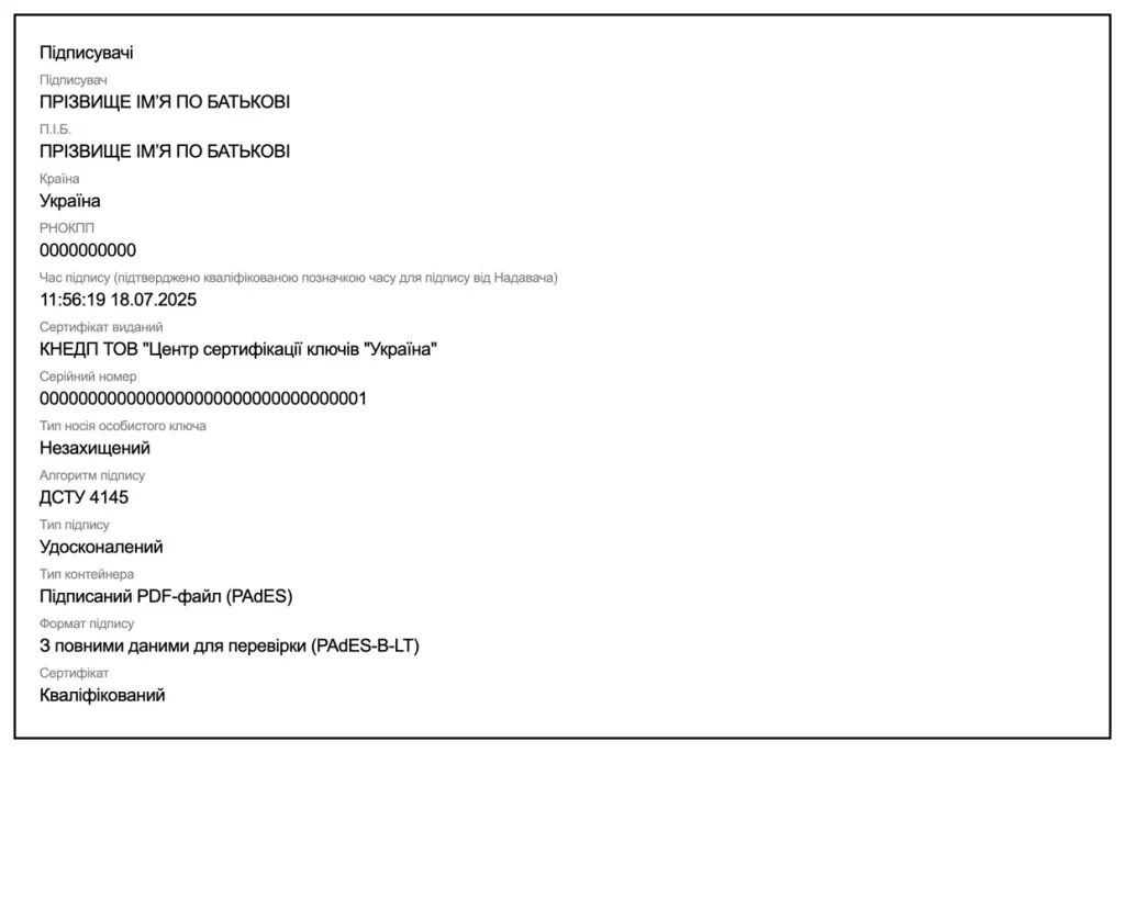 The signer's details in the verification result: key carrier type "Unprotected" and signature type "Advanced"